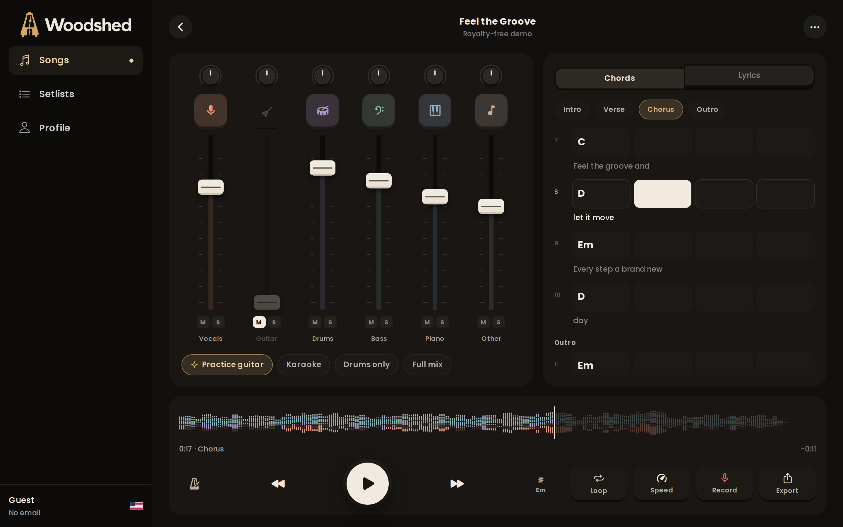 Woodshed studio on desktop with the mixer, waveform and chords