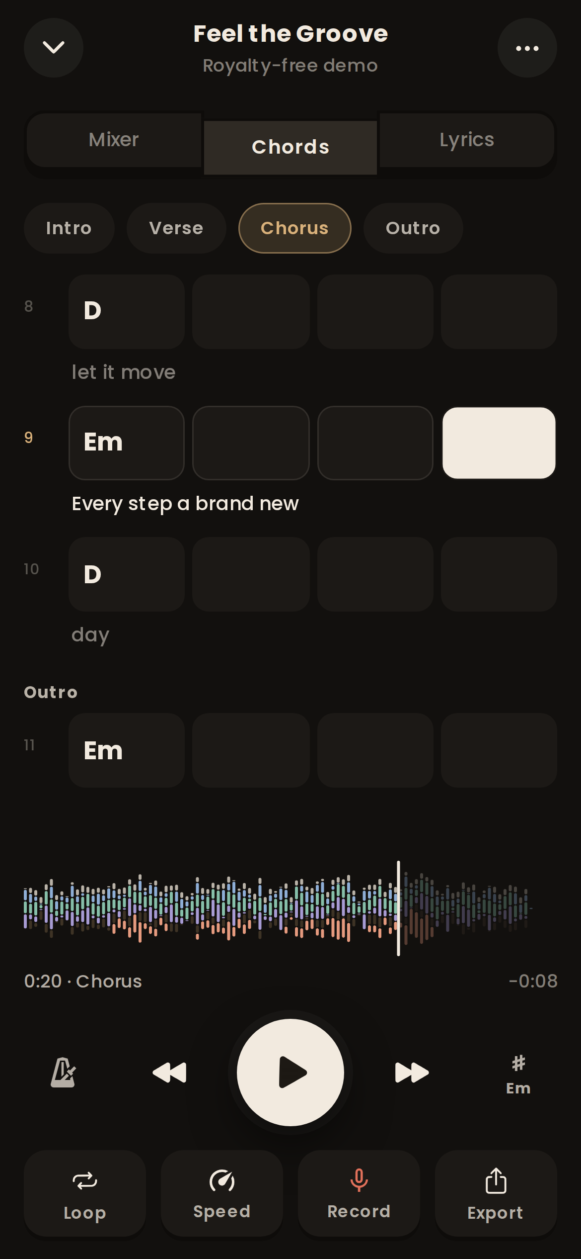 Woodshed chord grid with the lyrics synced underneath