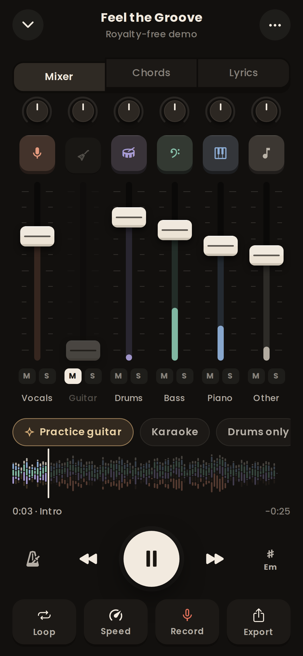 Woodshed mixer desk with vocals, guitar, drums, bass, piano and other stems
