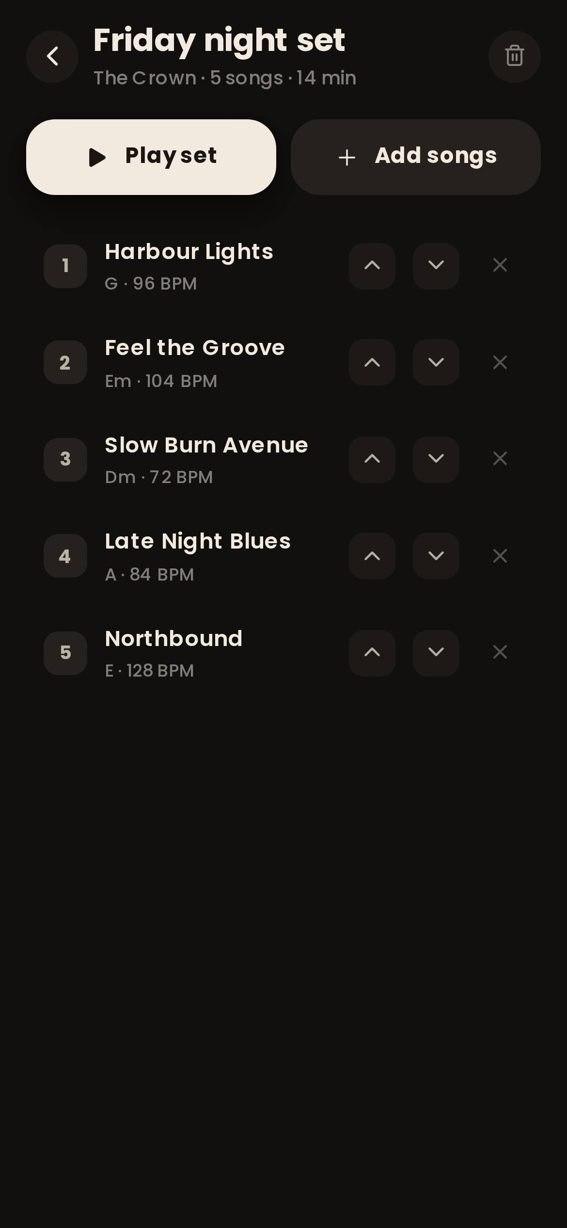 A Woodshed setlist ready for a gig